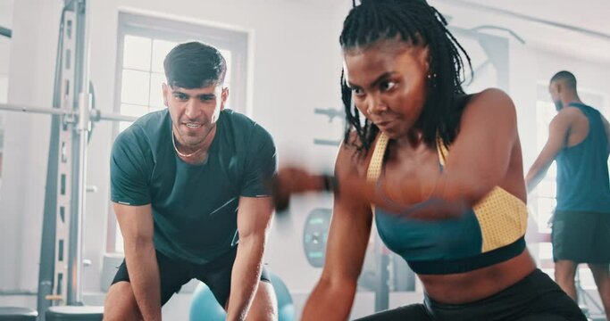 Gym, coach and woman with battle rope for muscle growth, strength development and power exercise. Energy, personal trainer and bodybuilder motivation in workout challenge, cardio or fitness endurance
