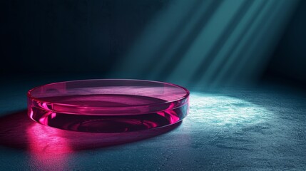 Dark background with pink clear glass base. Suitable for product display The set was enhanced with spotlights and studio lights. with realistic shadows and Helps add depth and realism.