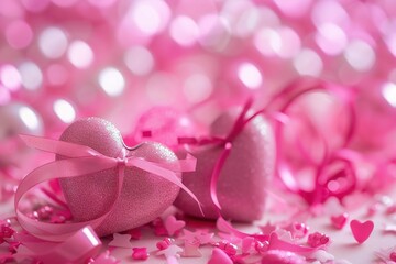 Valentine day or mother day festive composition with gift or present box, rose flowers and pink red hearts on pink and white background