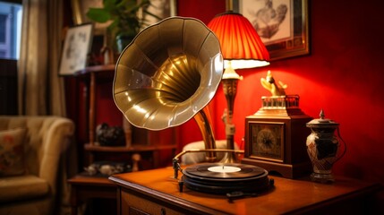 Vintage gramophone enveloping the room in lofi charm