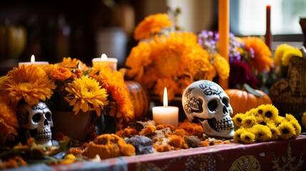 Day of the dead marigold offerings on a beautifully decorated altar