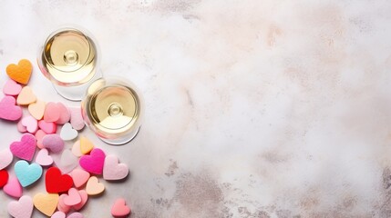 Obraz na płótnie Canvas Valentine's day greeting card with champagne glasses and candy hearts on stone background. Top view with space for your greetings. Flat lay