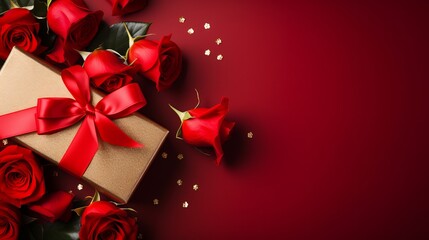 Valentine's Day vertical background, poster design. Flat lay Valentines gift boxes decorated ribbon bows, roses buds on red background