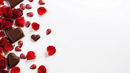 Valentines day background. chocolate and red rose flowers confetti on white background.