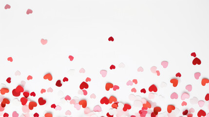 Fototapeta na wymiar confetti on fence white background. Valentines day background. Flat lay, top view