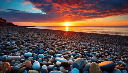 Fototapeta na wymiar Sunset view on the beach full of pebbles