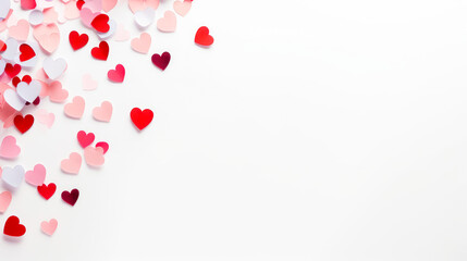 confetti on fence white background. Valentines day background. Flat lay, top view