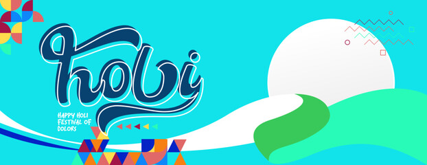 Happy Holi Festival Of Colors banner in colorful modern geometric style. Holi Festival greeting card cover with typography. Vector illustration background