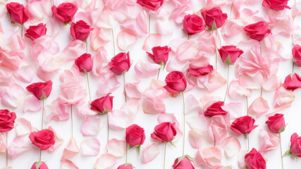 Fototapeta premium red rose flowers confetti on fence white background. Valentines day background.