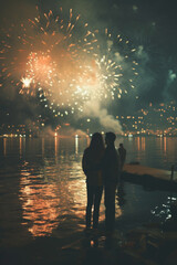 Fototapeta na wymiar Two people standing in front of fireworks on a dock in background.