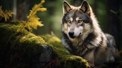 Wolf in the nature habitat. Wild animal in the Finland taiga. Wildlife nature, Europe. Wolf from Finland. Gray wolf, Canis lupus, in the spring light, in the forest with green leaves.