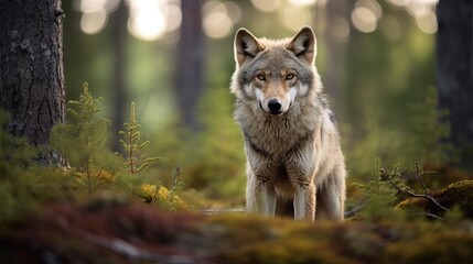 Naklejka premium Wolf in the nature habitat. Wild animal in the Finland taiga. Wildlife nature, Europe. Wolf from Finland. Gray wolf, Canis lupus, in the spring light, in the forest with green leaves.