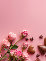 Valentine's Day. Flowers and Chocolates composition. Valentines day background