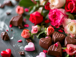 Valentine's Day. Flowers and Chocolates composition. Valentines day background