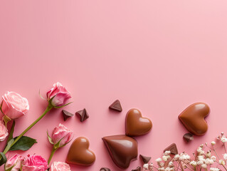 Valentine's Day. Flowers and Chocolates composition. Valentines day background