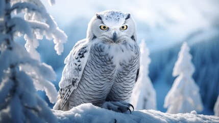 Enigmatic snow owl in a snowy landscape
