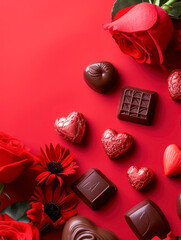 Valentine's Day. Flowers and Chocolates composition. Valentines day background