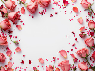 Valentine's Day. Flowers composition. Round frame made of rose flowers, confetti on white background. Valentines day background.