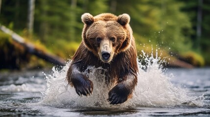 Ferocious grizzly bear emerging from a river