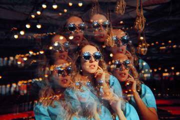 Kaleidoscopic Portrait of a Puzzled Woman wearing Sunglasses Thinking. Uncertain perplexed girl feeling dizzy wondering
