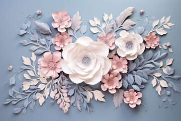 Floral paper cut composition in muted pastel colors. Illustration, banner, greeting card. Mother’s day, March 8 Women’s day, Birthday, Wedding invitation.