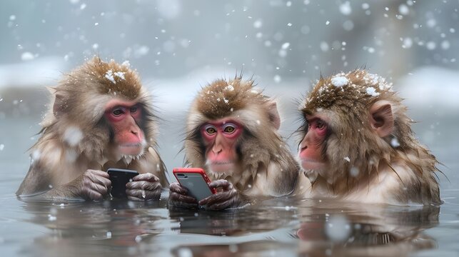 Animal using phone. Japanese Snow monkey looking at computer website in spa bath hot spring water, snow background. Funny pet creative character with technology, humorous greeting card wallpaper.