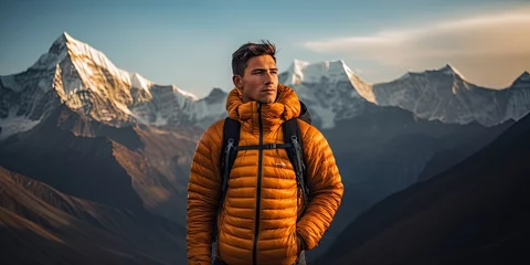 Papier Peint photo autocollant Himalaya A young man, around 24, embodying the adventure of the Himalayas, dressed in trekking gear, standing against a breathtaking mountain backdrop,
