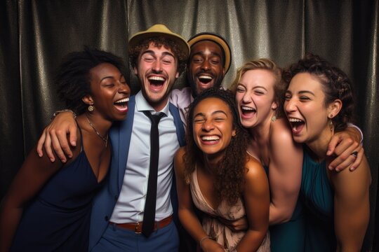 A super realistic image depicting a group of 5 close friends, men and women, posing together in front of a photo booth at a wedding hall. 