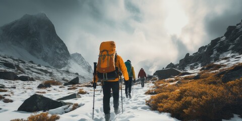 Adventurers trekking through a snowy mountain pass wearing backpacks ,incredibly detailed,  - obrazy, fototapety, plakaty