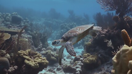 Obraz na płótnie Canvas Serene Sea Turtle Swimming Gracefully in Coral Reefs AI Generated