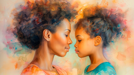 Watercolor of African American mother and little daughter isolated. Mother's Day concept