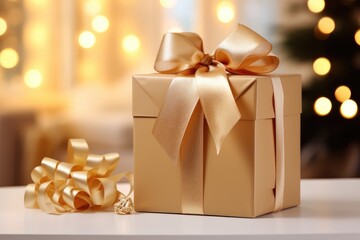An elegant gift box adorned with a ribbon and bow. The box is meticulously wrapped in a high-quality wrapping paper, 