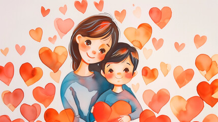 Watercolor of mother and child surrounded by hearts. White background. Mother's day concept