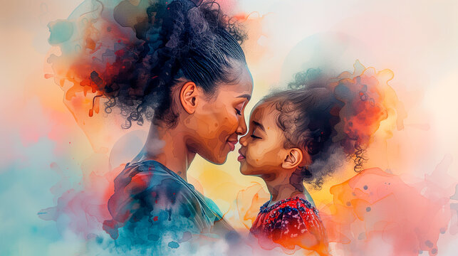 Watercolor of African American mother and little daughter isolated. Mother's Day concept - Powered by Adobe