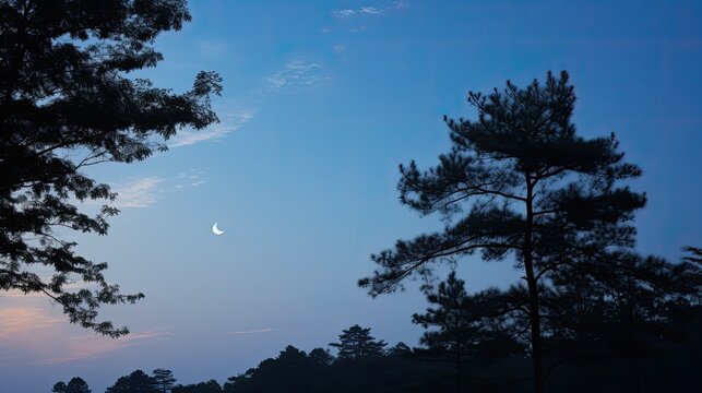 At dusk a bright moon hung in the sky, slow shutter speed photography, painted, 2K, high resolution 