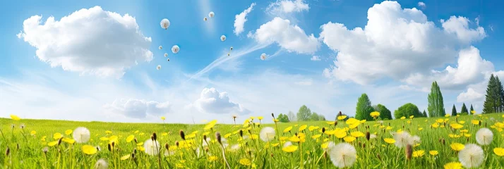 Crédence de cuisine en verre imprimé Prairie, marais Beautiful meadow field with fresh grass and yellow dandelion flowers in nature against a blurry blue sky with clouds.