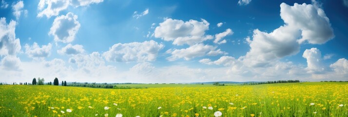Beautiful meadow field with fresh grass and yellow dandelion flowers in nature against a blurry blue sky with clouds