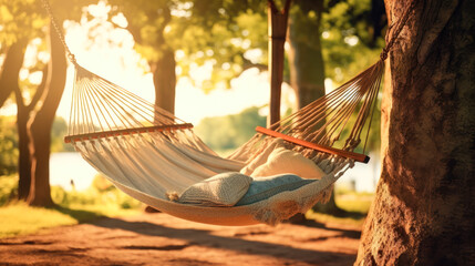 Hammock between Two Tre: Outdoor Leure and Relaxation - obrazy, fototapety, plakaty