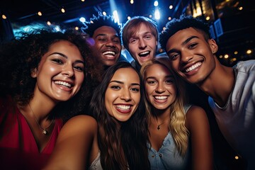 Capturing a diverse group of friends on a night out. They huddle together