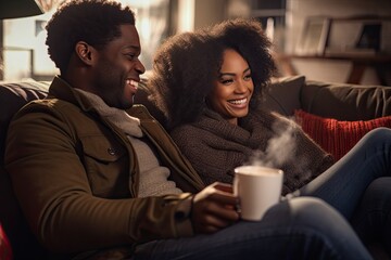 Close up photo of black married couple, talking on couch, drinking coffee, warmly lit, canon 6d mark ii,