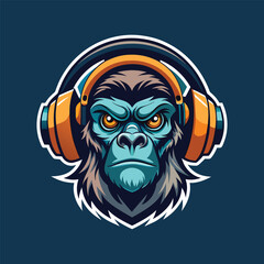 gorilla head mascot for gaming e-sport logo, tee, t-shirt. cartoon gorilla wearing a headphone vector illustration