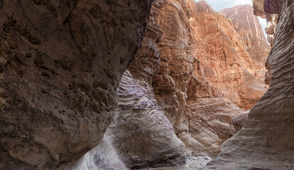 The extraordinary beauty of high mountains of tourist route of gorge Wadi Al Ghuwayr or An Nakhil and the wadi Al Dathneh near Amman in Jordan