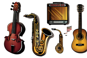 Three common western stringed instruments often used in country, folk or bluegrass music - a violin, a guitar and a mandolin.