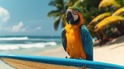 A cute parrot surfer enjoys a fun-filled summer day at the beach, riding waves with enthusiasm, Ai Generated.