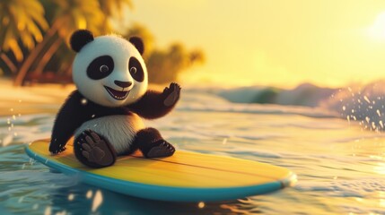 Fototapeta na wymiar A cute panda surfer enjoys a fun-filled summer day at the beach, riding waves with enthusiasm, Ai Generated.