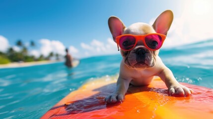 A cute puppy surfer enjoys a fun-filled summer day at the beach, riding waves with enthusiasm, Ai Generated.