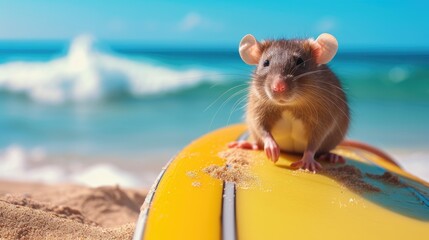 A cute rat surfer enjoys a fun-filled summer day at the beach, riding waves with enthusiasm, Ai Generated.