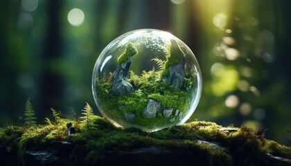 crystal globe on moss in a forest