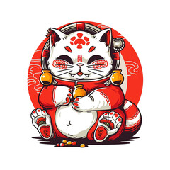 Japanese Neko Lucky Cat with Daruma Doll. Vector Illustration PNG Image