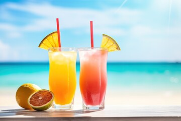 Image of Exotic drinks on blur tropical beach background with yellow sand and blue water printed on Printed Glass Splashbacks